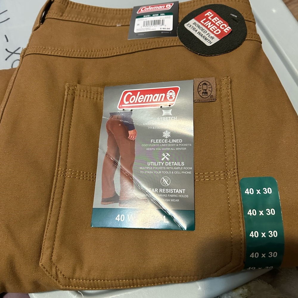 Coleman Men's Carpenter Fleece Lined Pants 40x30  Color Toffee New With Tag $90